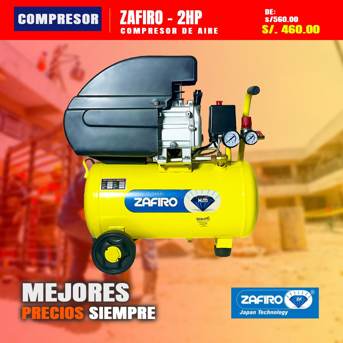 Compresora de aire 2,5hp 25l arranque automático zafiro