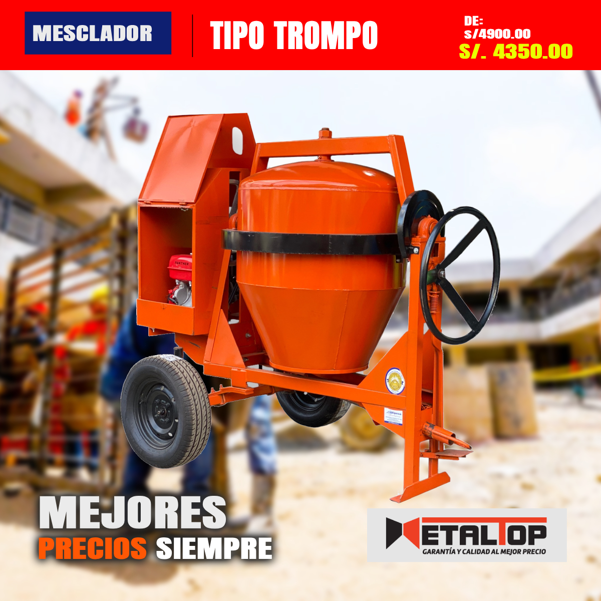 Mezcladora de concreto tipo trompo de 11p3 aro 13 yugo 4” motor 13 hp honda