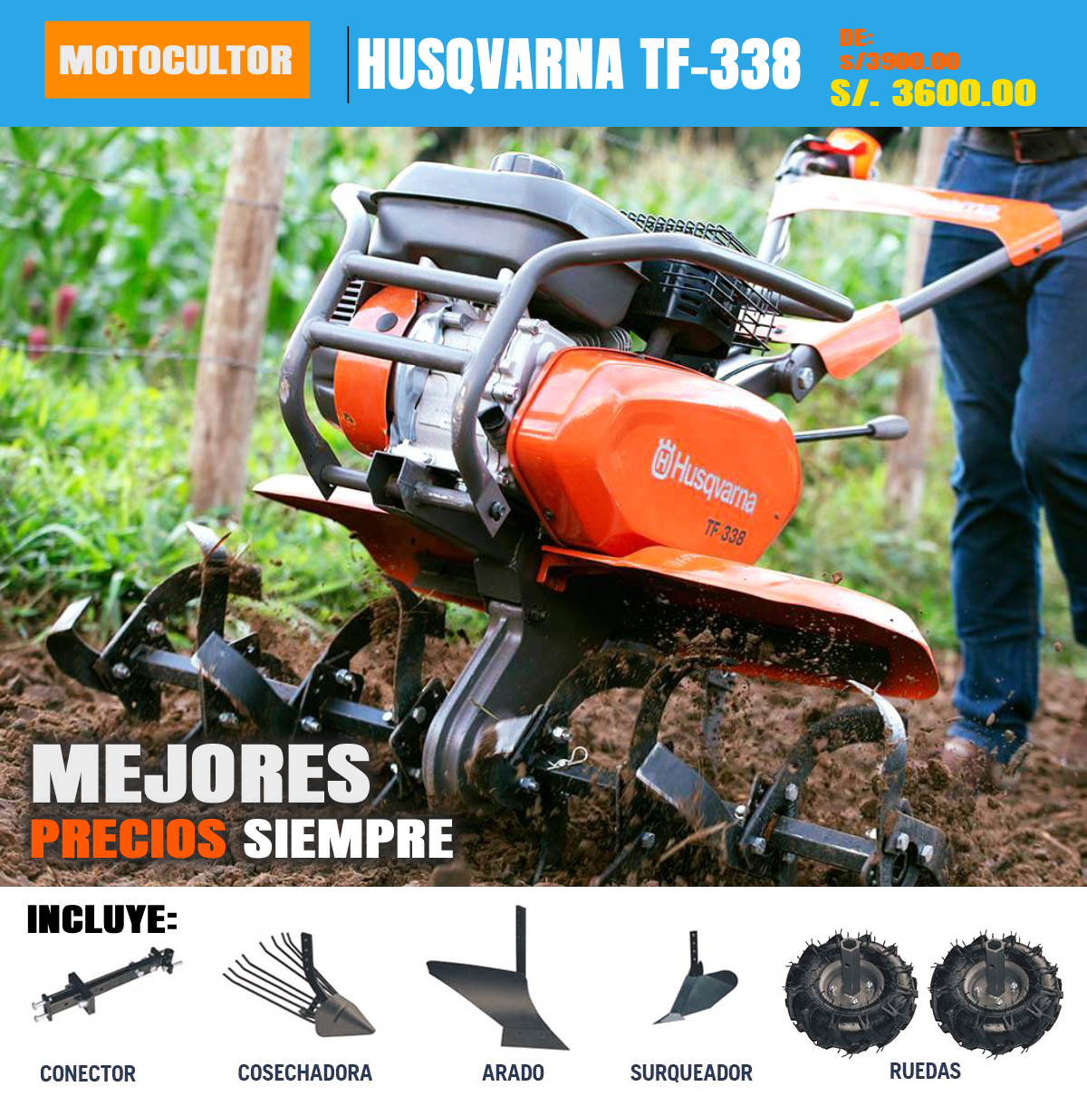 Motocultor a gasolina marca Husqvarna TF 338 3.6kw